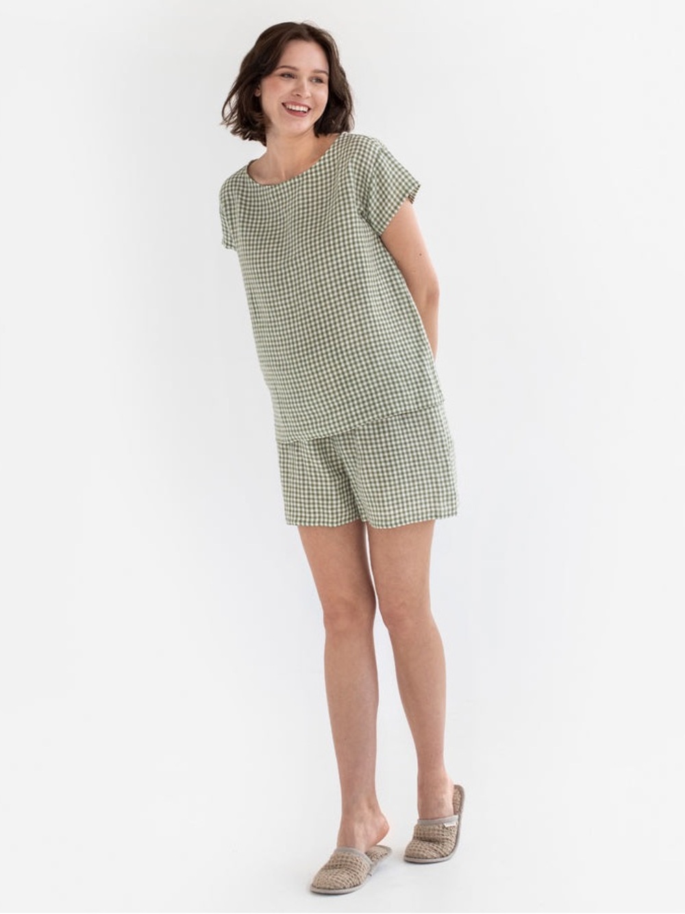 Magic Linen green gingham matching set 100% linen